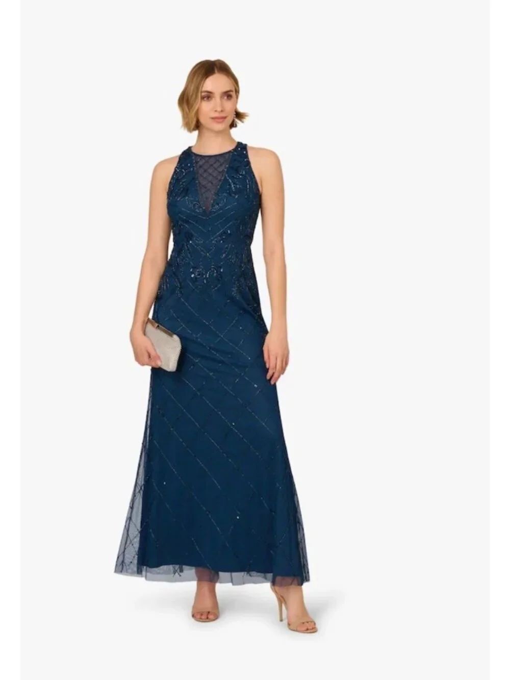 Papell Studio Women's Blue Beaded Sequin Halter Maxi Dress Size 8